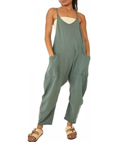 Women's Loose Casual V Neck Sleeveless Jumpsuits Spaghetti Straps Rompers With Pocket Green $10.99 Jumpsuits