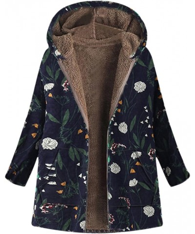 Ladies Long Sleeve Coats Zipper Hooded Thick Composite Plush Vintage Flower Print Plus Size Hooded Jacket 1-blue $15.40 Jackets