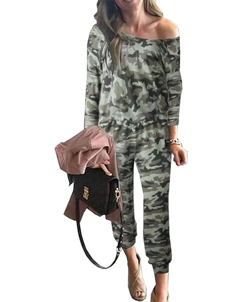 Women's Casual Long Sleeve Jumpsuit Crewneck Off Shoulder Elastic Waist Stretchy Romper Camo $25.19 Jumpsuits