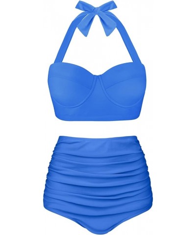 Women's Halter Bikinis High Waist Bikini Bottom Two Piece Bathing Suit E-royal Blue $9.17 Swimsuits