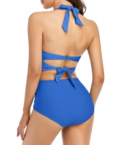 Women's Halter Bikinis High Waist Bikini Bottom Two Piece Bathing Suit E-royal Blue $9.17 Swimsuits