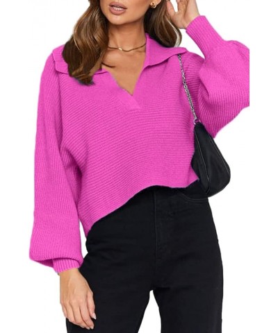 Women Overized Puff Long Sleeve V Neck Knitted Polo Pullover Sweater Jumper Tops Hot Pink $23.19 Sweaters