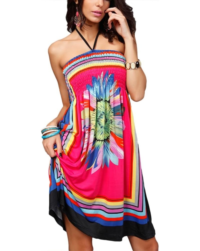 Womens Summer Strapless Floral Print Bohemian Vintage Tube Wrapped Chest Casual Mini Dress Beachwear Cover up Rose Red $10.19...