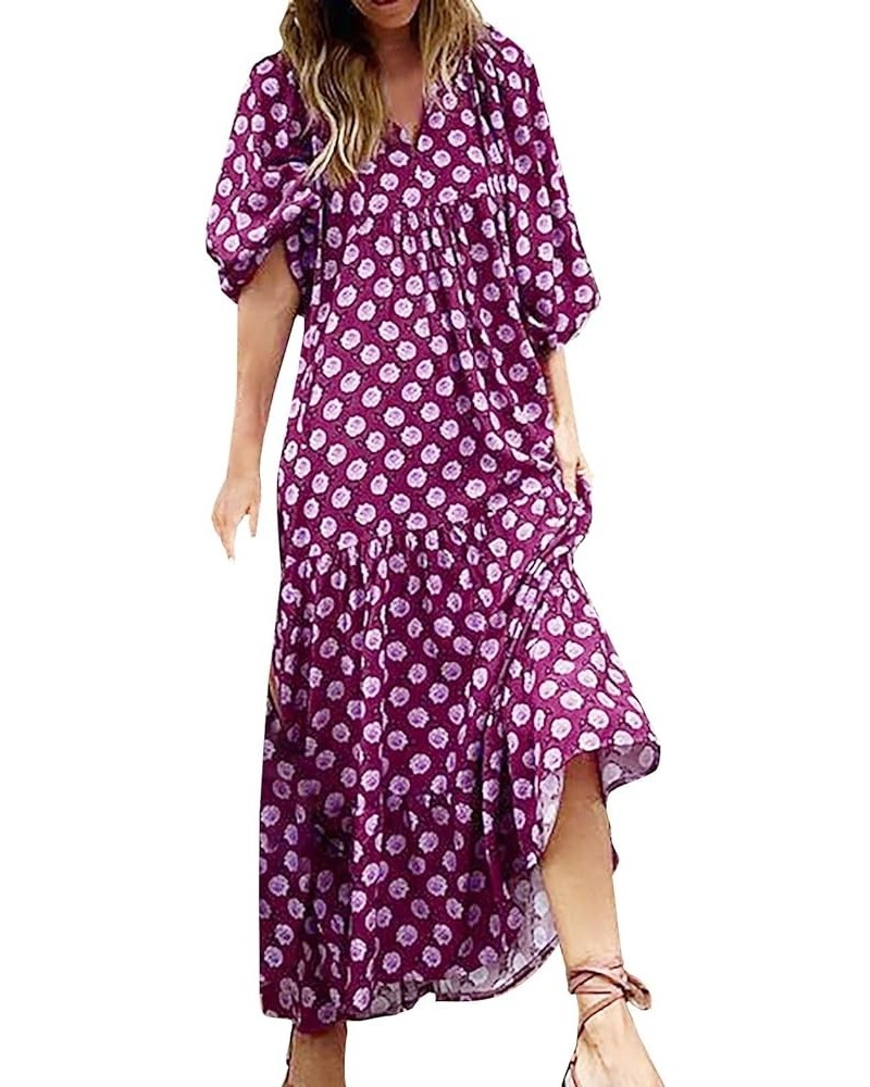 Bohemian Dress for Women 3/4 Sleeve Casual Maxi Dress Floral V-Neck Puff Sleeve Beach Tiered Sundress Long Swing Dress Purple...