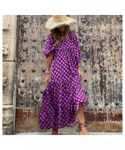 Bohemian Dress for Women 3/4 Sleeve Casual Maxi Dress Floral V-Neck Puff Sleeve Beach Tiered Sundress Long Swing Dress Purple...