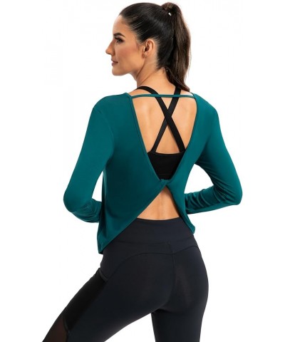 ICTIVE Long Sleeve Breathable Open V Back Shirts for Women Workout Running Yoga Gym Shirt Woman's Tee Tops Dark Green $13.43 ...