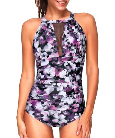 Women One Piece Swimsuit High Neck Plunge Ruched Tummy Control Bathing Suit Purple Floral $14.00 Swimsuits