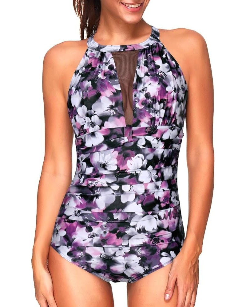 Women One Piece Swimsuit High Neck Plunge Ruched Tummy Control Bathing Suit Purple Floral $14.00 Swimsuits