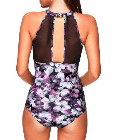 Women One Piece Swimsuit High Neck Plunge Ruched Tummy Control Bathing Suit Purple Floral $14.00 Swimsuits