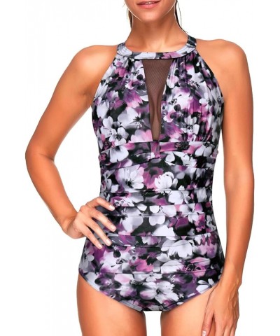 Women One Piece Swimsuit High Neck Plunge Ruched Tummy Control Bathing Suit Purple Floral $14.00 Swimsuits