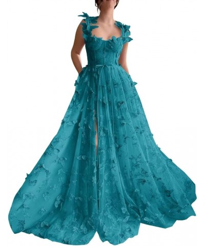 Tulle 3D Butterflies Long Prom Dresses for Teens Embroidered Formal Evening Party Gowns with Slit Peacock $42.50 Dresses