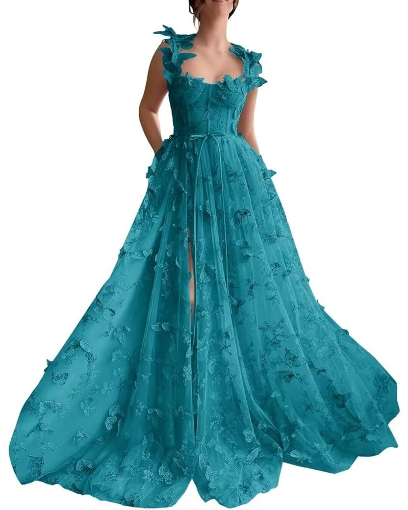 Tulle 3D Butterflies Long Prom Dresses for Teens Embroidered Formal Evening Party Gowns with Slit Peacock $42.50 Dresses