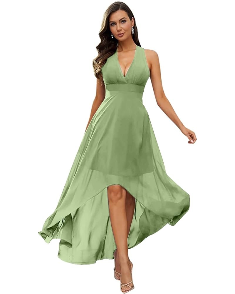 Deep V-Neck Bridesmaid Dresses for Wedding Short Chiffon High Low A Line Formal Prom Gown Sage Green $27.49 Dresses