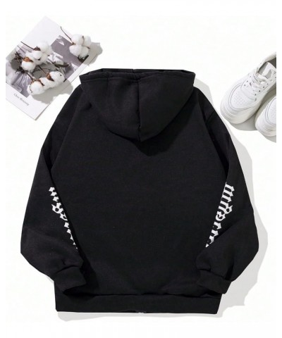 Women's Star Print Zip Up Oversize Long Sleeve Casual Pocket Drawstring Hoodie Letter Black $18.23 Hoodies & Sweatshirts