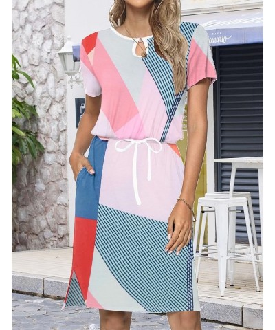 Womens 2024 Summer Casual Dress Short Sleeve Crew Neck Tie Waist Hide Belly Midi T-Dress with Pockets Geo 04 $20.64 Dresses