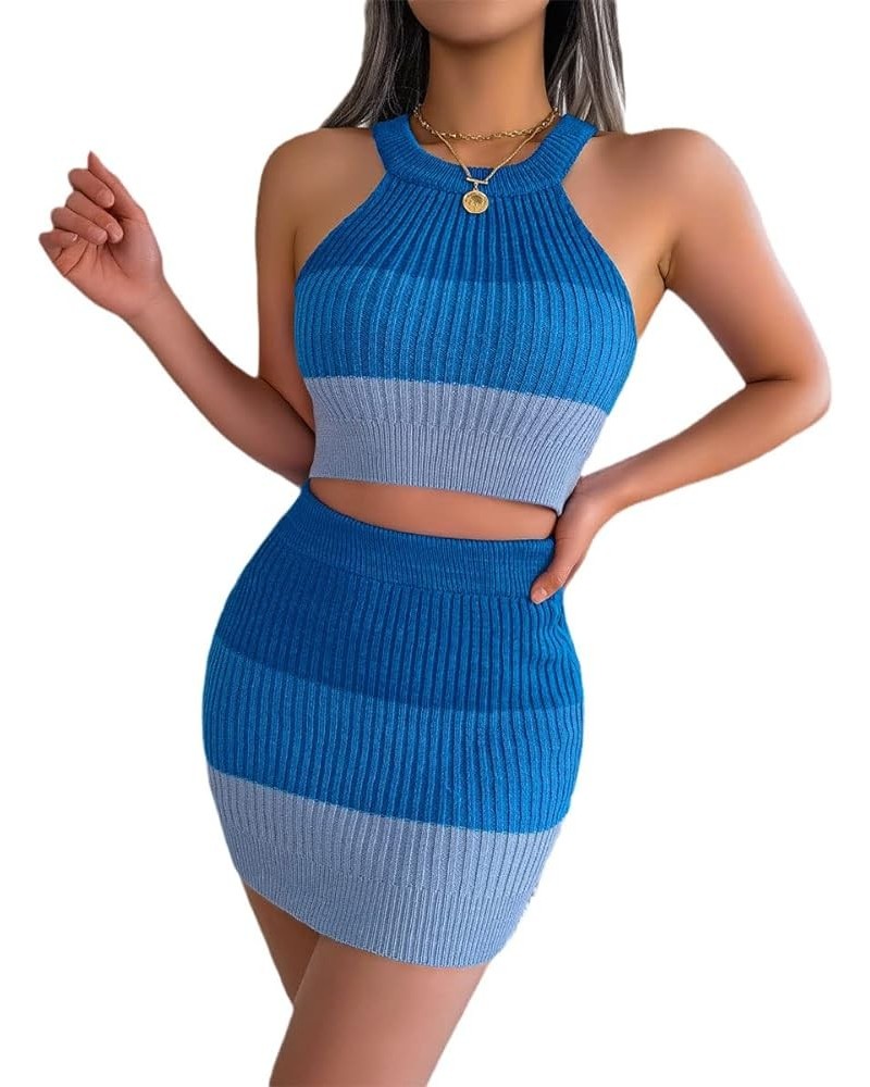 Women Two Piece Outfit, Sexy Striped Crop Top Mini Skirt Set Elastic Waist Bodycon Short Dress Sets Clubwear Blue-03 $20.89 S...