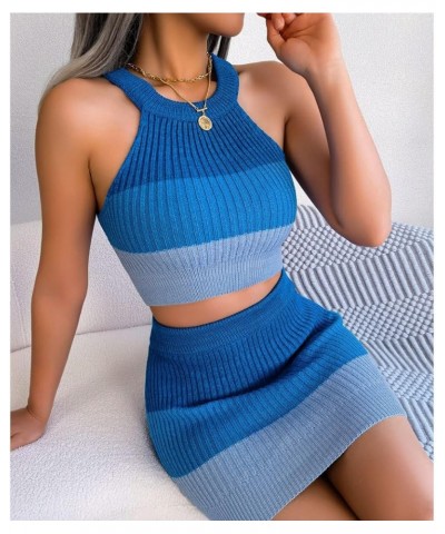 Women Two Piece Outfit, Sexy Striped Crop Top Mini Skirt Set Elastic Waist Bodycon Short Dress Sets Clubwear Blue-03 $20.89 S...