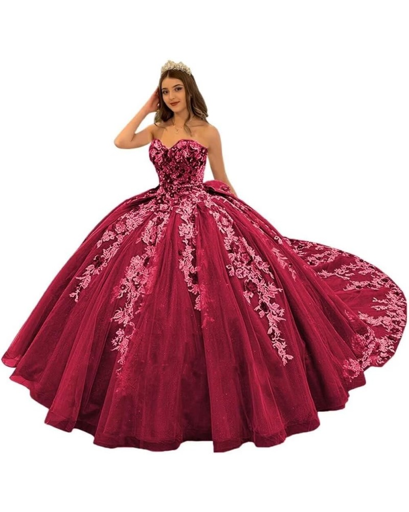 Gorgeous Strapless Beaded Quinceanera Dresses Ball Gown Puffy Lace Prom Dresses with Train Floral Sweet 15 16 Dresses Burgund...