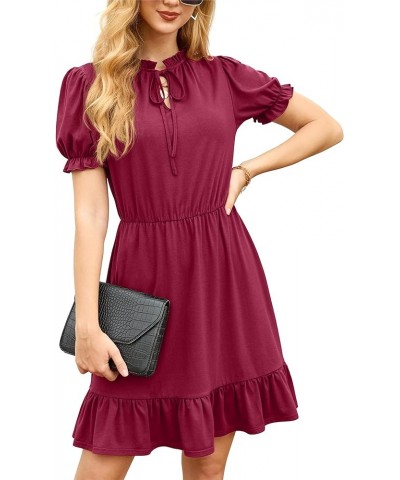 2024 Women Casual Summer Dress Tie Neck Ruffle Short Sleeve High Waist A-Line Mini Dress 01 Wine Red $12.53 Dresses