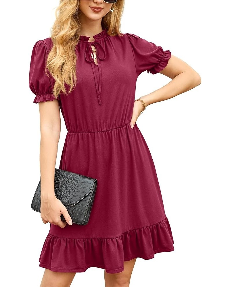 2024 Women Casual Summer Dress Tie Neck Ruffle Short Sleeve High Waist A-Line Mini Dress 01 Wine Red $12.53 Dresses