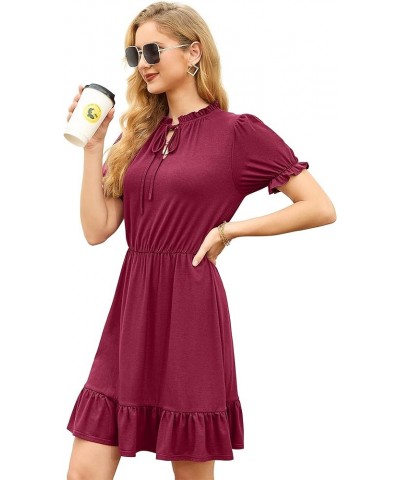 2024 Women Casual Summer Dress Tie Neck Ruffle Short Sleeve High Waist A-Line Mini Dress 01 Wine Red $12.53 Dresses