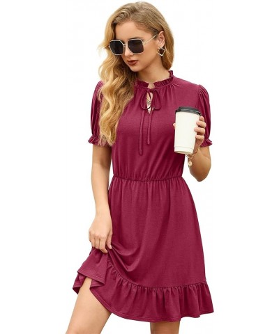 2024 Women Casual Summer Dress Tie Neck Ruffle Short Sleeve High Waist A-Line Mini Dress 01 Wine Red $12.53 Dresses