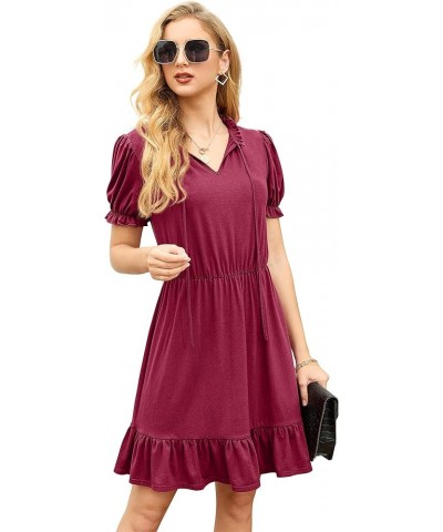 2024 Women Casual Summer Dress Tie Neck Ruffle Short Sleeve High Waist A-Line Mini Dress 01 Wine Red $12.53 Dresses