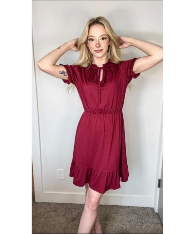 2024 Women Casual Summer Dress Tie Neck Ruffle Short Sleeve High Waist A-Line Mini Dress 01 Wine Red $12.53 Dresses