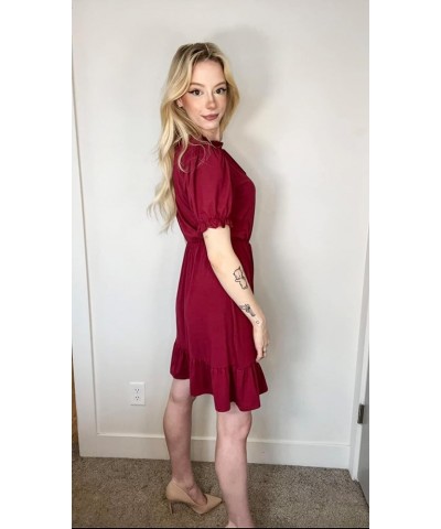 2024 Women Casual Summer Dress Tie Neck Ruffle Short Sleeve High Waist A-Line Mini Dress 01 Wine Red $12.53 Dresses