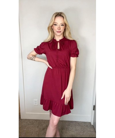 2024 Women Casual Summer Dress Tie Neck Ruffle Short Sleeve High Waist A-Line Mini Dress 01 Wine Red $12.53 Dresses