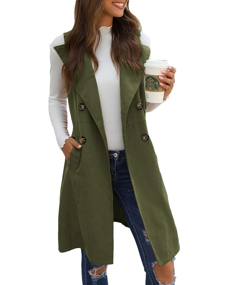 Women's Sleeveless Collar Long Vest Cardigans Open Front Longline Blazer Jackets Outerwear With Pocket Army Green $18.04 Vests