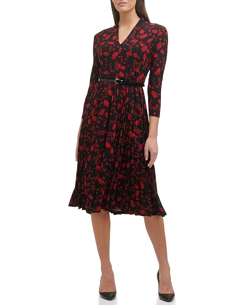 Women's Long Sleeve Jersey Midi Dress with Pleated Skirt Blk/Scarlet $27.16 Dresses