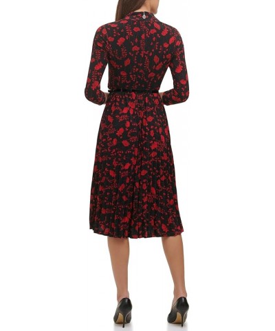 Women's Long Sleeve Jersey Midi Dress with Pleated Skirt Blk/Scarlet $27.16 Dresses