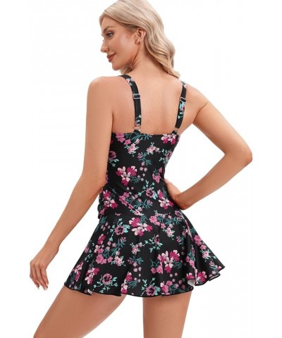 Women's Vintage One Piece Swimdress Floral Print Swimsuits Ruffle Skirt Bathing Suits Tummy Control Swimwear Flower Black $17...