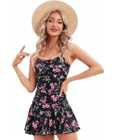 Women's Vintage One Piece Swimdress Floral Print Swimsuits Ruffle Skirt Bathing Suits Tummy Control Swimwear Flower Black $17...