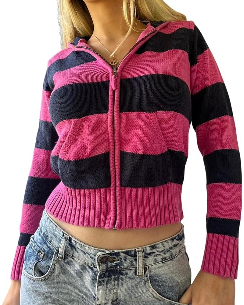 Women Zip Up Knit Top Long Sleeve Open Front Cropped Sweater Vneck Slim Fitted Cardigan Y2k Knitted Jacket Outerwear Rose Red...