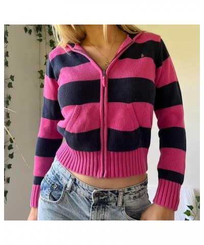 Women Zip Up Knit Top Long Sleeve Open Front Cropped Sweater Vneck Slim Fitted Cardigan Y2k Knitted Jacket Outerwear Rose Red...