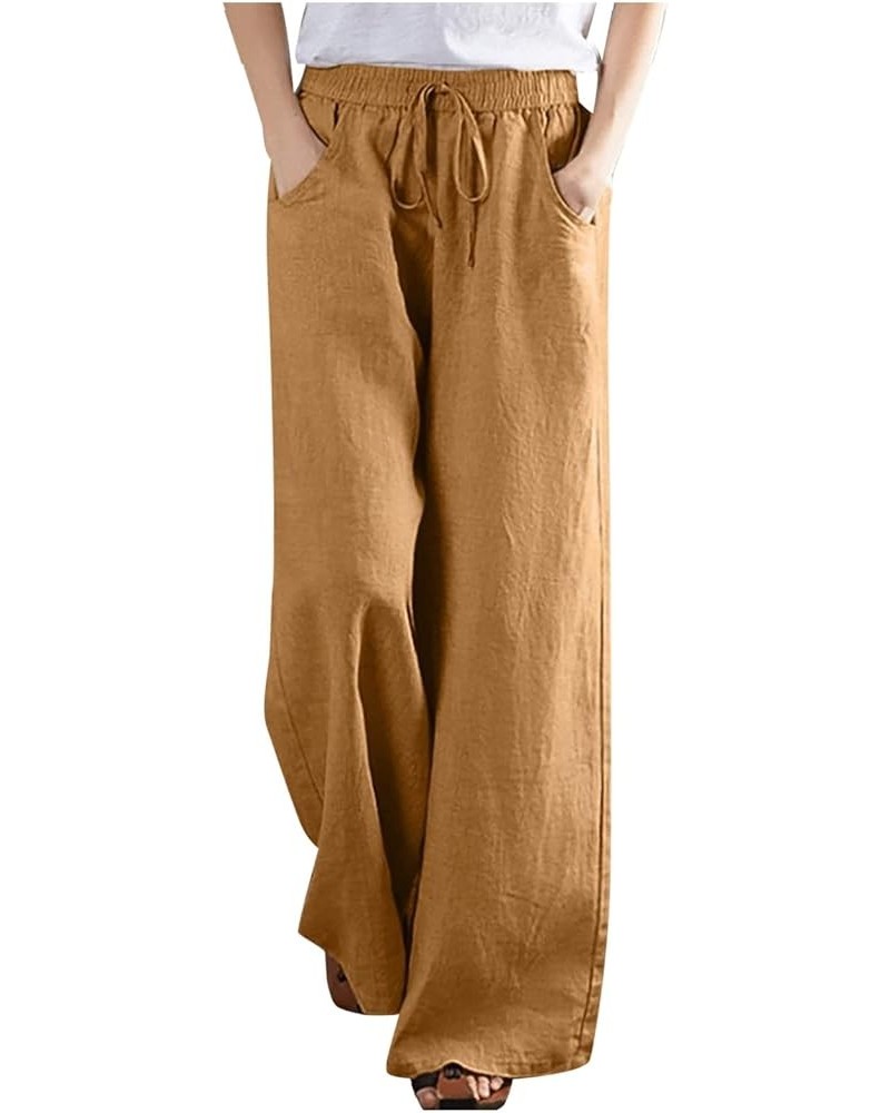 High Waisted Wide Leg Pants for Women Summer Casual Palazzo Linen Pants Drawstring Flowy Trousers with Pockets 8 Yellow $10.5...