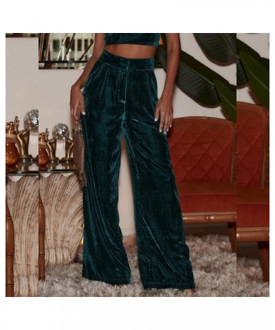 Velvet Pants for Women High Waist Loose Wide Leg Pants Casual Office Velour Long Trousers with Pockets Dark Green $14.78 Pants