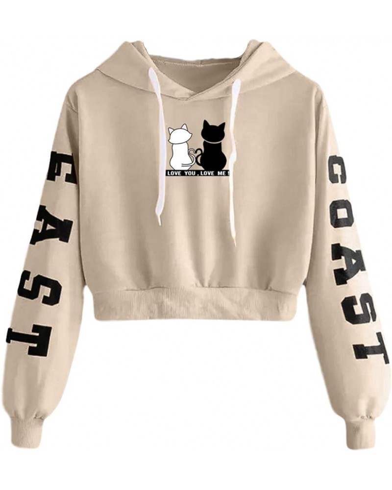 Women Teen Girls East Coast Crop Sweatshirt Hoodie Cute Dogs Letter Print Shirt Long Sleeve Crop Top Hooded Pullover Beige $4...