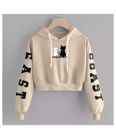 Women Teen Girls East Coast Crop Sweatshirt Hoodie Cute Dogs Letter Print Shirt Long Sleeve Crop Top Hooded Pullover Beige $4...