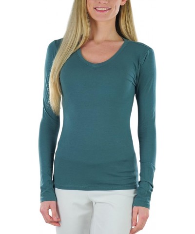 Women's Long Sleeve V-Neckline T-Shirt Dusk Teal $9.83 T-Shirts