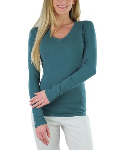 Women's Long Sleeve V-Neckline T-Shirt Dusk Teal $9.83 T-Shirts