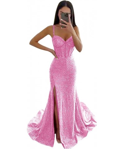 Sparkly Sequin Prom Dresses for Teens Corset Mermaid Evening Formal Gown with Slit Pink $38.24 Dresses