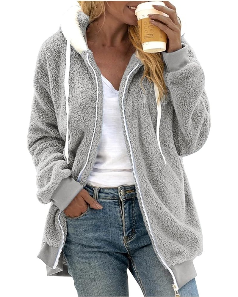 Womens Fuzzy Fleece Jacket Solid Color Artificial Wool Zipper Drawstring Long-Sleeved Hoodie Outerwear with Grey 3 $12.98 Jac...