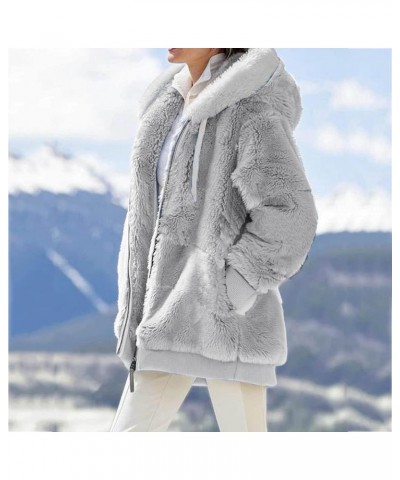 Womens Fuzzy Fleece Jacket Solid Color Artificial Wool Zipper Drawstring Long-Sleeved Hoodie Outerwear with Grey 3 $12.98 Jac...