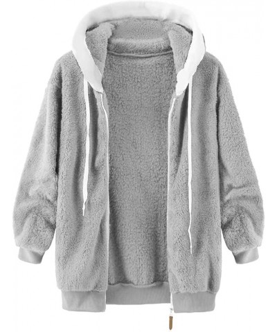 Womens Fuzzy Fleece Jacket Solid Color Artificial Wool Zipper Drawstring Long-Sleeved Hoodie Outerwear with Grey 3 $12.98 Jac...