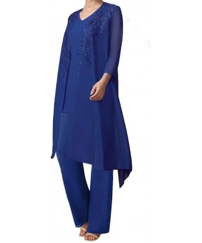 Mother of The Bride Pant Suits with Jacket Chiffon Evening Gowns Pantsuit 3PCs Wedding Guest Outfit Set Teal-blue $28.20 Suits