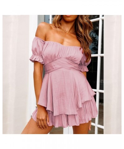 Womens Rompers Wrap Deep V Neck Long Puff Sleeve Smocked Waist Layer Ruffle Hem Short Sexy Fashion Jumpsuit 133-evdza-pink 7 ...