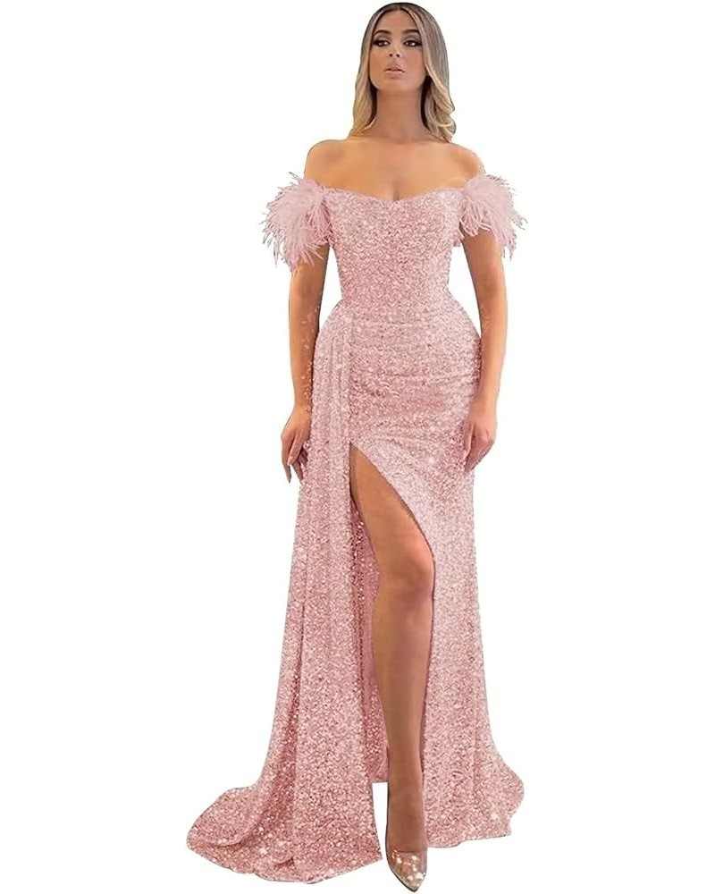 Mermaid Prom Dresses for Women 2023 Sparkly Sequin Formal Dress Off Shoulder Feather Evening Gown Pink $34.00 Dresses